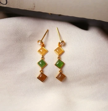 Natural Hetian Jade Diamond-Shaped Earrings Medium-Long Sugar Material Jasper Pearl Sterling Silver Inlaid Ear Hooks Women's Jade Earrings