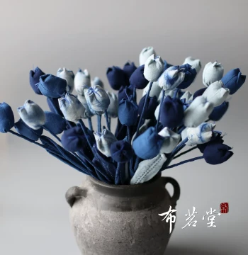 Bu Ming Tang Indigo-Dyed Fabric Tulips Handmade Fabric Flowers Plant Indigo-Dyed Cotton Home Decor Flower Arrangement