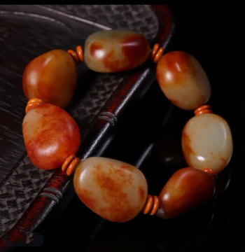 Xinjiang Hetian Jade Bracelet, Red-Qin Skin Raw Seed Material, Freeform Beaded Bracelet for Men, Large Size Jade Jewelry