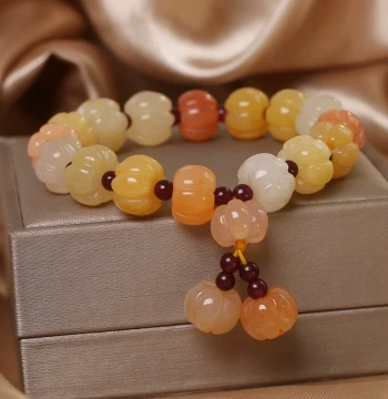 Xinjiang Hetian Jade Gold Silk Jade Colorful Jade Bracelet for Women, Ice-Grade Pumpkin Jade Beaded Bracelet, Ladies' Jade Jewelry