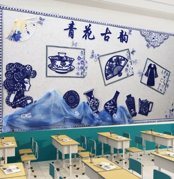 Chinese Style Blue and White Porcelain Wall Decoration, Kindergarten Environment Creation Materials, Intangible Cultural Heritage Paper Cutting Culture Theme Wall Layout Stickers