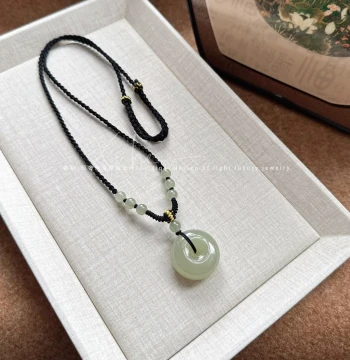 Hetian Jade Pendant, Qingshui Peace Buckle, Unisex Ice-Translucent Natural Jade Necklace with Braided Cord, Birthday Gift for Zodiac Year
