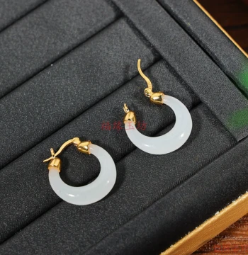 Hot Sale White Jade Crescent Moon Ear Cuff, Hetian Jade Feature Grandiose Jade Curved Tube 925 Silver Inlay Elegant Earrings