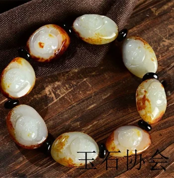 Xinjiang Hetian Jade Seed Material Bracelet White Jade God of Wealth Bracelet Suzhou Craftsmanship Fine Carving Buddha Head Rough Original Skin Mutton Fat Seed Jade String