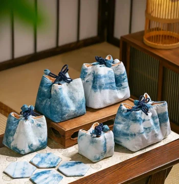 Chinese Zen Vintage Handmade Tie-Dye Master Cup Storage Bag Thickened Purple Clay Teapot Travel Tea Set Portable Fabric Case