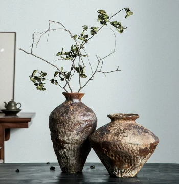 Jingdezhen Wabi-Sabi Zen Style Ornament, Large Coarse Pottery Jar, Handmade Flower Arrangement for Homestay Hotel, Retro Nostalgic Ceramic Vase
