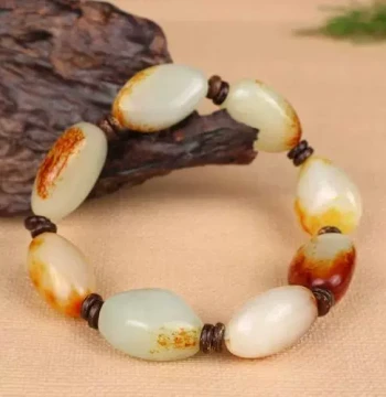 Xinjiang Hetian Jade Genuine Leather Rough Stone Bracelet - Seed Material Green-White Jade Irregular Bead Handchain for Men and Women