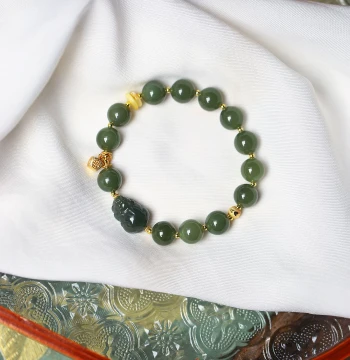 Natural Hetian Jade Green-Yellow Round Beads with Small Pixiu, Original Matched Bracelet, Women's Jade Bracelet