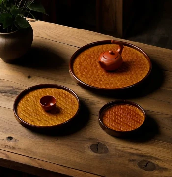 Bamboo Products Bamboo Weaving Tray Home Round Storage Basket Chinese Retro Mat Surface Tea Serving Tray Teacup Tea Set Storage Tray