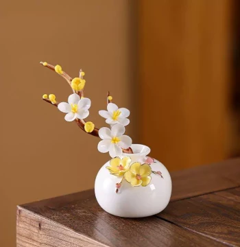 Handmade Ceramic Plum Blossom Vase - Mutton Fat Porcelain with Gold Trim, Translucent Flower Arrangement Ornament