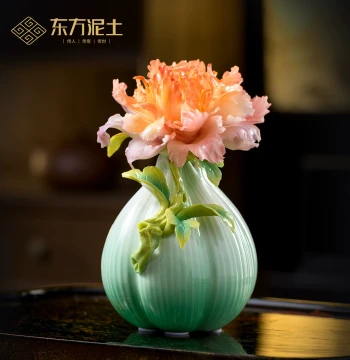 Dongfang Nitu Intangible Cultural Heritage Handmade Ceramic Peony Underglaze Flower Onion Vase, Light Luxury High-End Vase Ornament