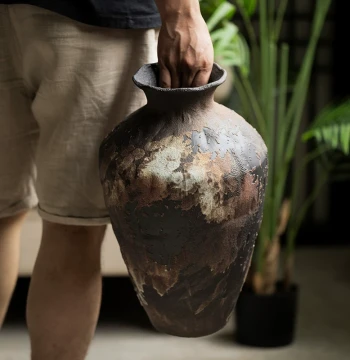 Jingdezhen Wabi-Sabi Style Zen Ceramic Large Vase, Retro Nostalgic Rough Pottery Jar, Handmade Flower Arrangement Decorative Ornament