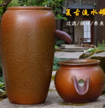Handmade Retro Water Feature Ornament Ceramic Clay Jar with Filtration and Aeration for Courtyard Landscaping, Fish Pond, and Homestay Decoration