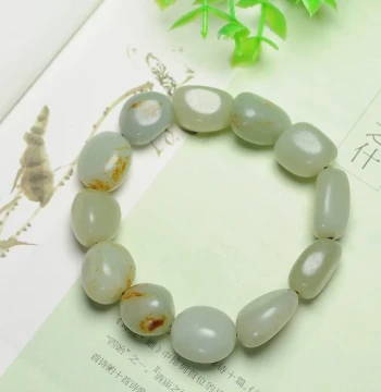 Xinjiang Hetian Jade Seed Material Rough Stone Bracelet, Duck-Egg Green Oily Green-White Jade Beaded Bracelet for Men and Women, Appraisal Supported