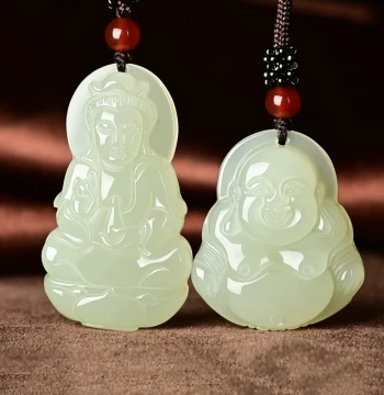Putuoshan Xinjiang Hetian Jade Qing-Shui Jade Buddha Pendant for Women: Natural Jade Big-Belly Laughing Buddha Maitreya Jade Necklace