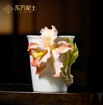 Dongfang Nitu Intangible Cultural Heritage Hand-Sculpted Iris Flower Cola Cup, Ceramic Tea/Coffee Cup Ornament, Gift for Friends
