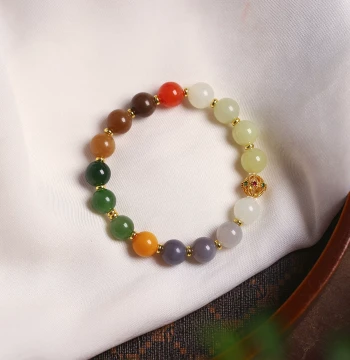 Natural Hetian Jade Multi-Gem Color Round Bead Bracelet - Original Design Women's Jade Jewelry