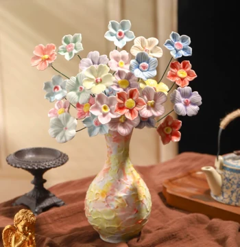 Jingdezhen High-Temperature Handmade Ceramic Vase with Artificial Flowers, Preserved Flower Bouquet Decor for Teacher's Day Gift