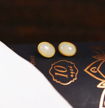 Natural Hetian Green-White Jade Cabochon Stud Earrings with Sterling Silver Setting, Minimalist Women's Jade Jewelry