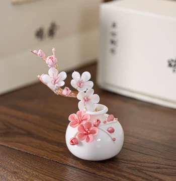 Ceramic Hand-Sculpted Plum Blossom Vase, Mutton Fat Jade Porcelain, Warm and Translucent, Fresh Style Flower Vessel for Gifting, Porcelain Ornament Bottle
