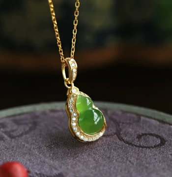 Natural Jasper Hetian Jade Pure Silver Gourd Pendant for Women, National Style Green Jade Necklace, Mother's Day Gift for Mom