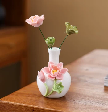 Hand-Sculpted Ceramic Lotus Flower with Vase, Fresh Artistic Ornament for Home Living Room, Dried Flower Arrangement