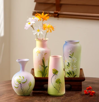 New Chinese Style Handmade Frosted Ceramic Vase Ornament Pure Hand-Painted Floral Decoration Home Living Room Desktop Hydroponic Flower Vessel