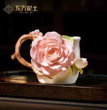 Intangible Cultural Heritage Handmade Ceramic Camellia Coffee Cup, Decorative Ornament, Premium Cup for Water or Tea, Gift for Friends