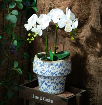 Retro Garden Blue-and-White Porcelain Round Ceramic Flower Pot, Handmade Pastoral Style Decorative Ornament for Orchids & Pothos