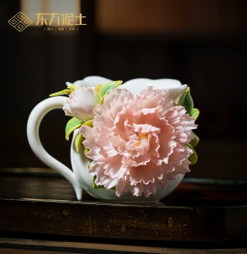 Oriental Clay Handmade Underglaze Peony Ceramic Cup Ornament Coffee Tea Water Mug Gift for Friends