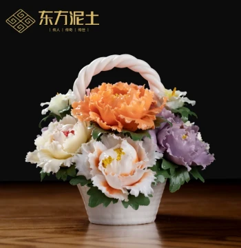 Dongfang Nitu 'Blooming Flowers Bring Wealth' Intangible Cultural Heritage Handmade Porcelain Flower Peony Basket Ornament for Office and Living Room Ceramic Decor
