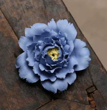 Chaozhou Guohua Blue Peony Pure Handmade Pinched Ceramic Flower Home Ornament Small Display Decoration Incense Stick Holder
