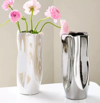 Light Luxury Hydroponic Vase Ornament Ceramic Silver Irregular Artistic Flower Vessel Home Soft Furnishing Flower Arrangement Living Room High-End Feel