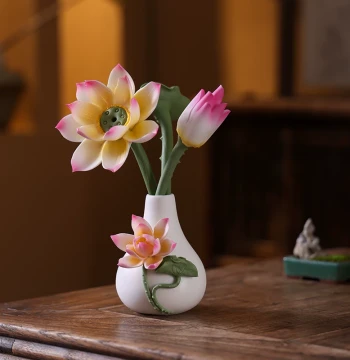 Handmade Ceramic Small Vase, Artificial Lotus Flower Home Decor, Creative Flower Arrangement for Buddha Worship, Study, or Tea Table Ornament