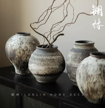 Jingdezhen Wabi-Sabi Zen Ornament Coarse Pottery Jar Handmade Flower Arrangement Homestay Hotel Retro Nostalgic Ceramic Vase