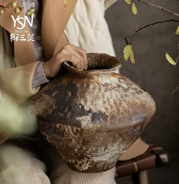 Ceramic Vase Rough Pottery Jar for Dried Flowers, Retro Handmade Homestay Hotel Entryway Wabi-Sabi Style High-End Large Ornament