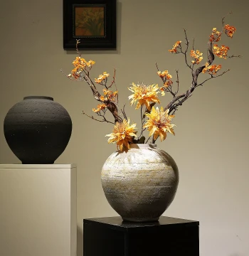 New Chinese Style Pottery Jar Ceramic Vase Ornament Wabi-Sabi Style Artificial Flower Vessel Handmade Coarse Pottery Home Entryway Homestay Decoration
