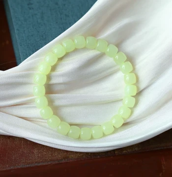 Bonus: Natural Hetian Jade Ice-Type Yellow-Green Material Straight-Cut Bead Bracelet, Unisex Jade Yellow Jade Hand Ornament