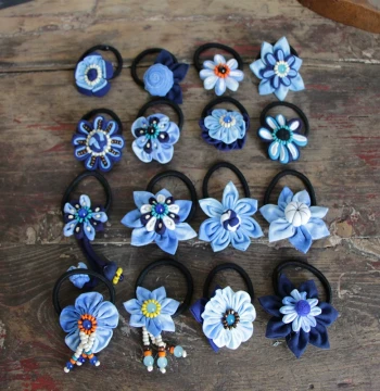New Yunnan Specialty Indigo-Dyed Hair Flower Leather Cord Children Girls Hair Accessory Handwoven Textile Tie-Dye Bead Hair Flower