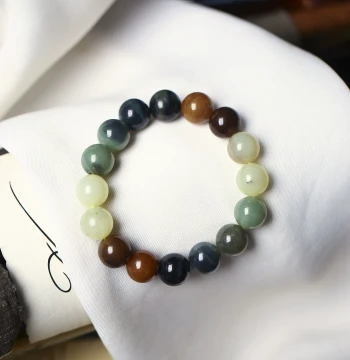 Natural Hetian Jade Xinjiang Material Loulan Three-Color Multi-Gem Round Bead Single-Loop Bracelet for Men and Women, Old Oil Jade Material