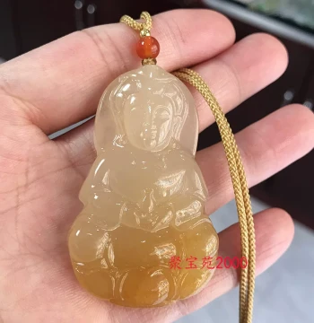 Natural Yunnan Huanglong Jade Guanyin Pendant, Color-Accented Jade Pure Vase Guanyin Bodhisattva Hanging Ornament, Unisex Peace Guanyin