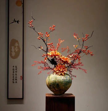 New Chinese Style Handmade Ceramic Vase Ornament with Simulated Flowers Zen Song Dynasty Vintage Decor for Entryway Homestay Hotel