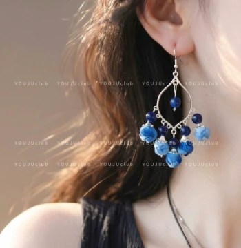 Listening to the Wind ~ Dali Tie-Dye Blue Handmade Fabric Ethnic Style Retro Exaggerated Earrings, Mosquito Coil Ear Clips for Women