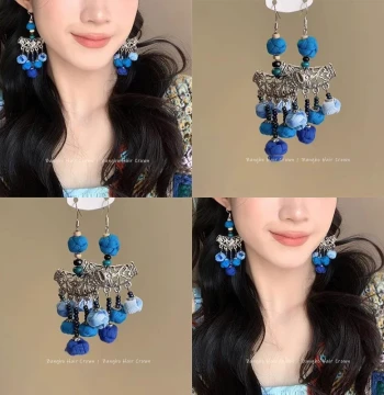 Azure Cloud Ridge! Dali Tie-Dye Blue Dye Wax Dye Handmade Fabric Frog Button Accessories! Ethnic Style Vintage Earrings for Women