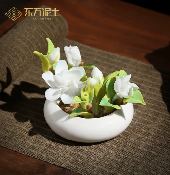 Dongfang Nitu Intangible Cultural Heritage Handmade Ceramic Jasmine Mini Potted Plant, Light Luxury High-End Living Room Tea Room Desktop Decor Ornament