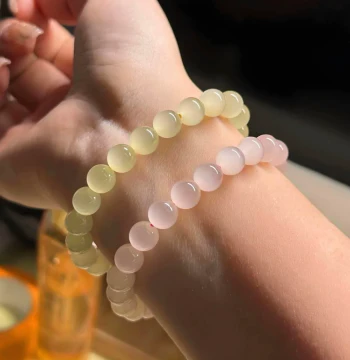 Natural Hetian Jade Huangkou Material, Ice-Translucent Fluorescent Cat's Eye Round Bead Single-Loop Bracelet for Women