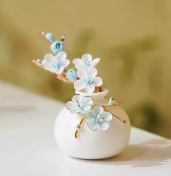 Ceramic Hand-Sculpted Flower Mutton Fat Porcelain Blue Plum Vessel Warm and Translucent Gold-Trimmed Porcelain Flower Holder Plum Blossom Insert Ceramic Display Bottle