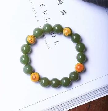 Premium Natural Hetian Jade Russian Material Seed Material with Original Skin Bracelet, High-End Jade Beaded Bracelet for Men and Women, Jewelry Gift