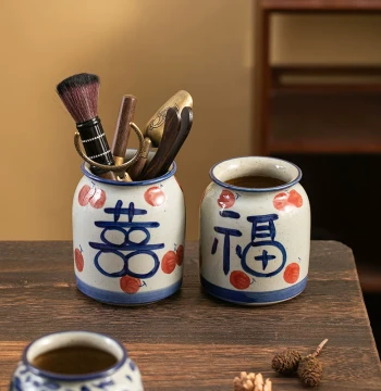 Jingdezhen Hand-Painted Ceramic Small Vase, Creative Handmade Fortune & Joy Jar, Rustic Flower Arranger for Living Room Decor and Storage
