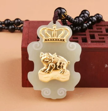 Authentic Gold-Inlaid Hetian Jade Twelve Zodiac Pendant for Men and Women, Six Harmony Lotus Crown Swastika Yi Sheng Peace Necklace